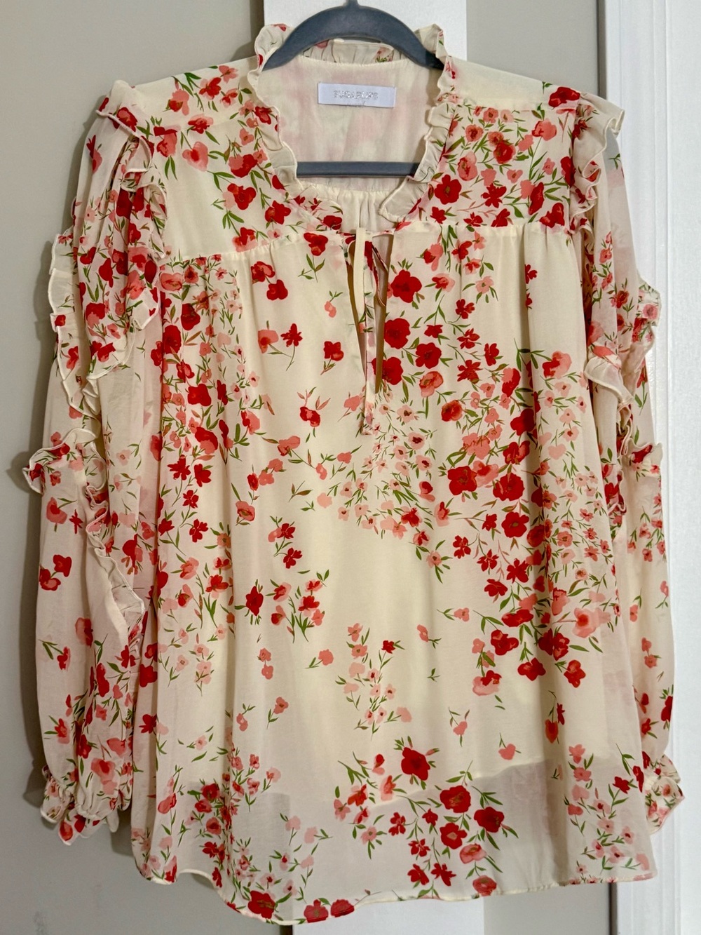 Sugarlips Floral Ruffle Long Sleeve Blouse Cream Red Pink Romantic Boho